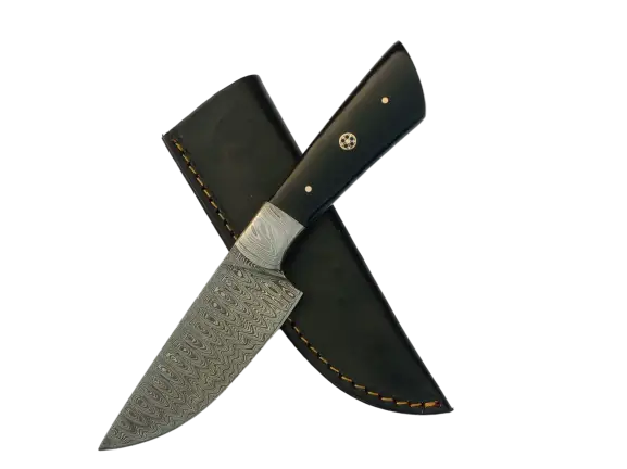 Handmade Damascus Steel Hunting Knife B518 with black handle and leather sheath