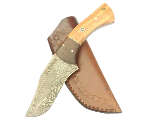 Handmade Damascus Steel Hunting Knife with Wooden Handle and Leather Sheath