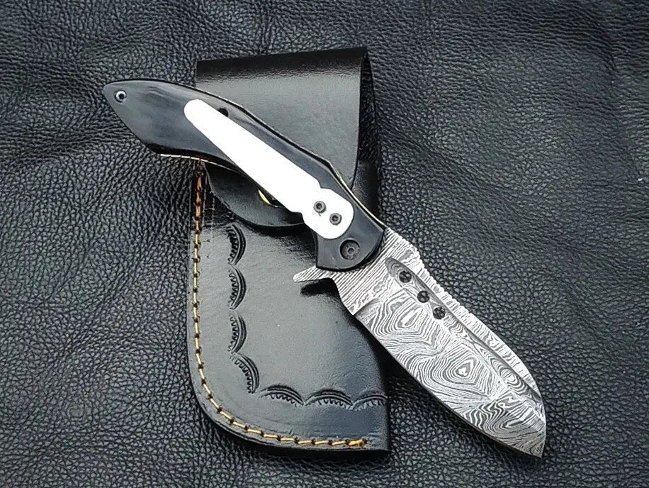 FOLDING KNIFE BLACK HORN HANDLE WITH DAMASCUS BLADE SA03- B - Folding Knife