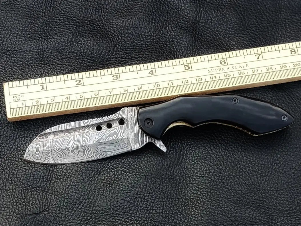FOLDING KNIFE BLACK HORN HANDLE WITH DAMASCUS BLADE SA03- B - Folding Knife