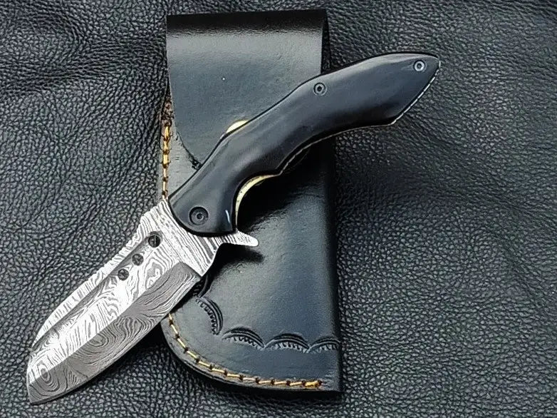 FOLDING KNIFE BLACK HORN HANDLE WITH DAMASCUS BLADE SA03- B - Folding Knife