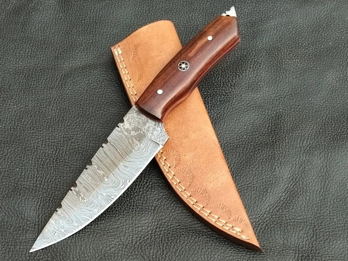 HUNTING KNIFE ROSEWOOD HANDLE WITH DAMASCUS STEEL BLADE SA112-R - Damascus hunting knife