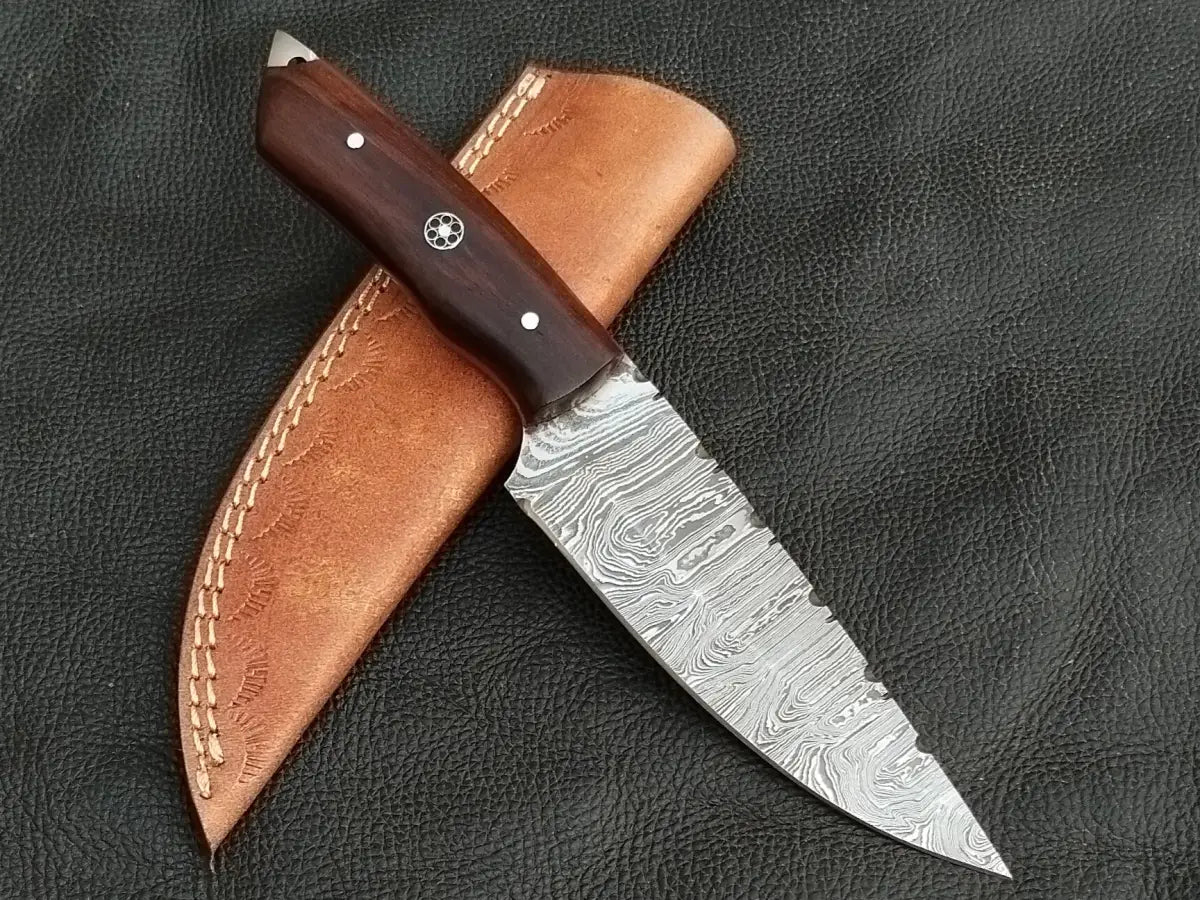 HUNTING KNIFE ROSEWOOD HANDLE WITH DAMASCUS STEEL BLADE SA112-R - Damascus hunting knife
