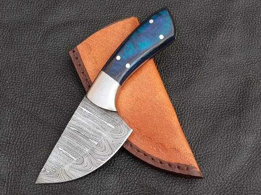 HUNTING MINI KNIFE BLUE & GREY HORN HANDLE WITH DAMASCUS STEEL BLADE SA119-B - Damascus Steel Hunting Knife