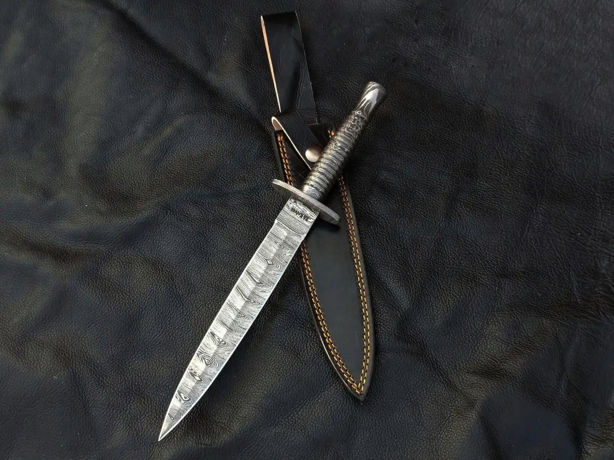 Damascus steel dagger with sheath, featuring a high-quality Damascus steel blade
