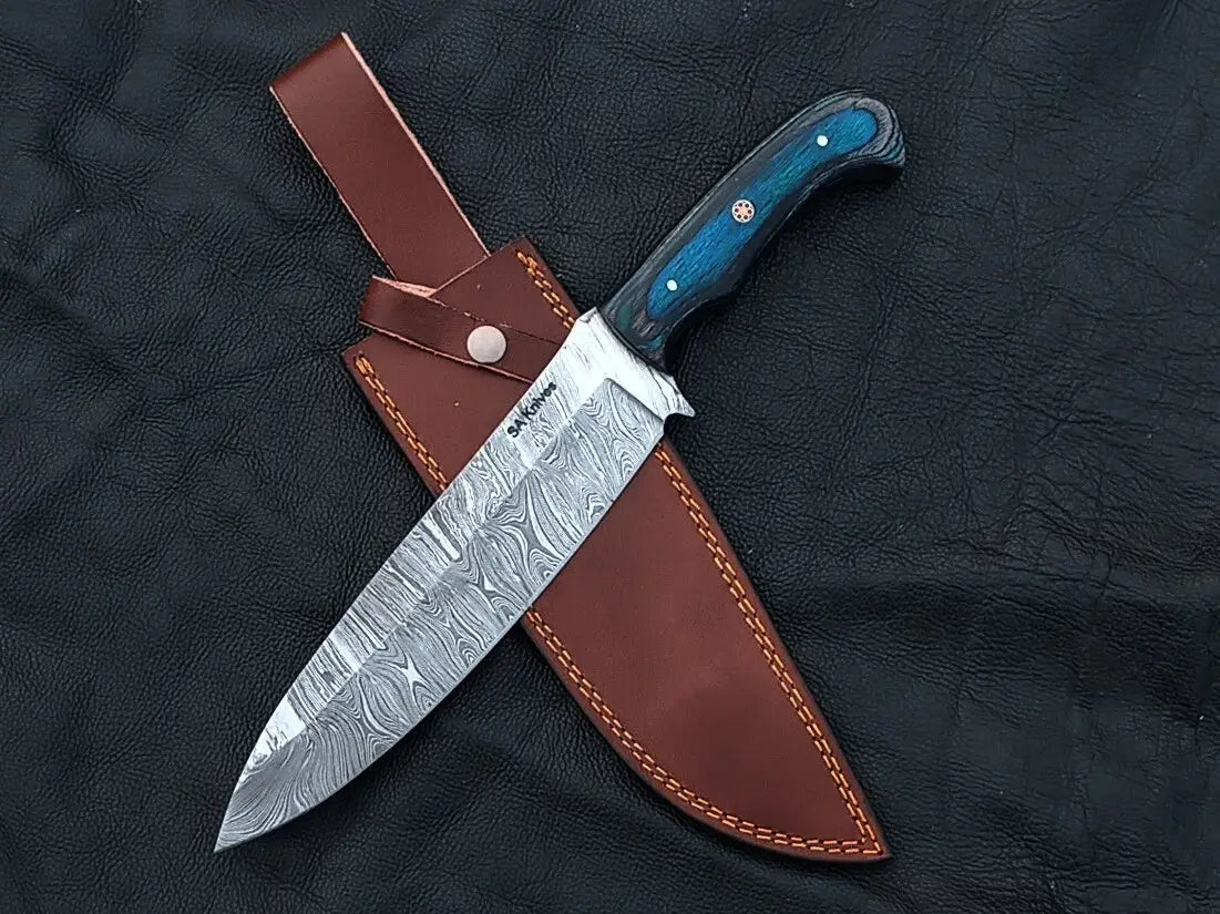 Handmade Damascus Steel Bowie Knife with blue handle and leather sheath SAB003