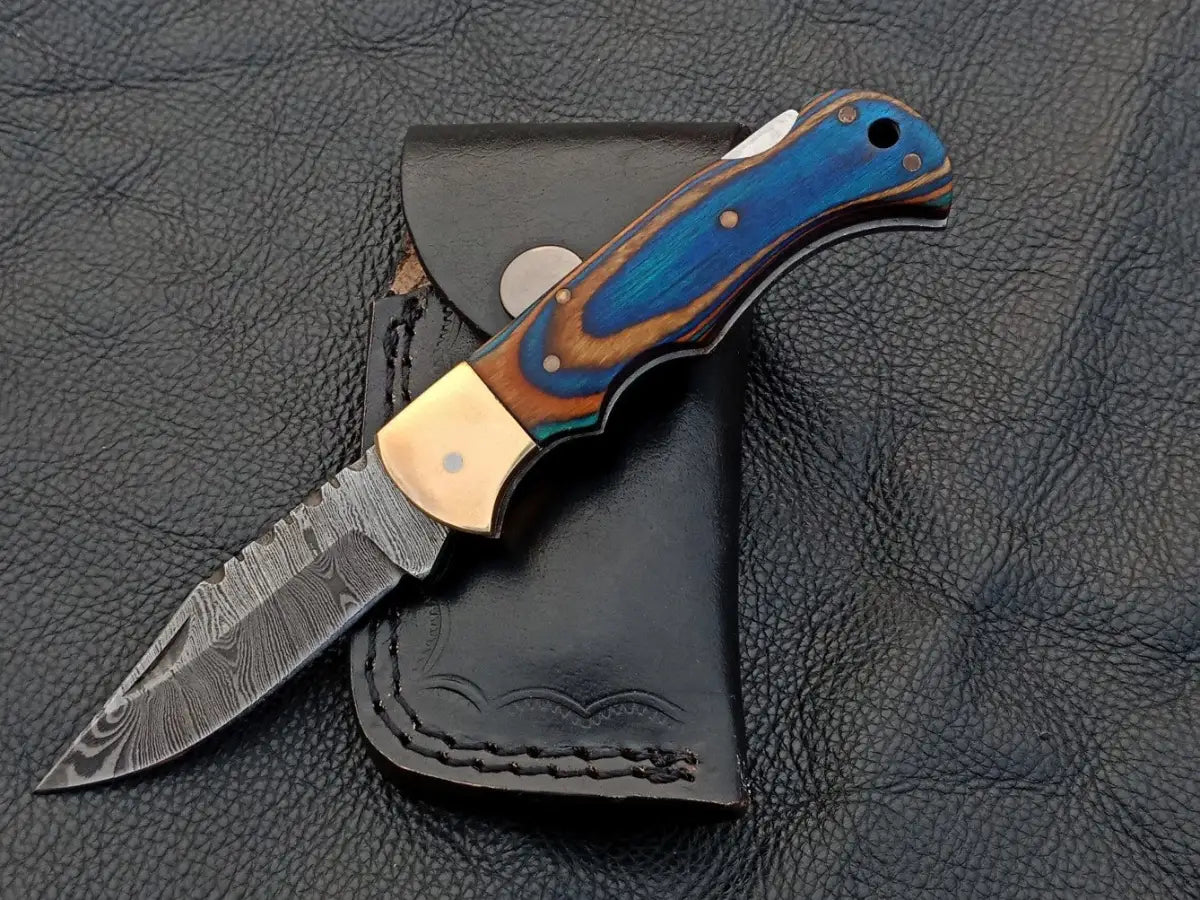 Handmade Damascus Steel Folding Knife with Blue Wood Handle - SAF002