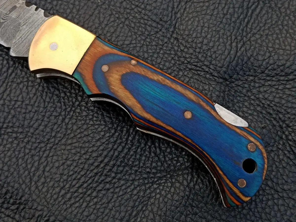 Handmade Damascus Steel Folding Knife-SAF002 with blue-stained wood handle