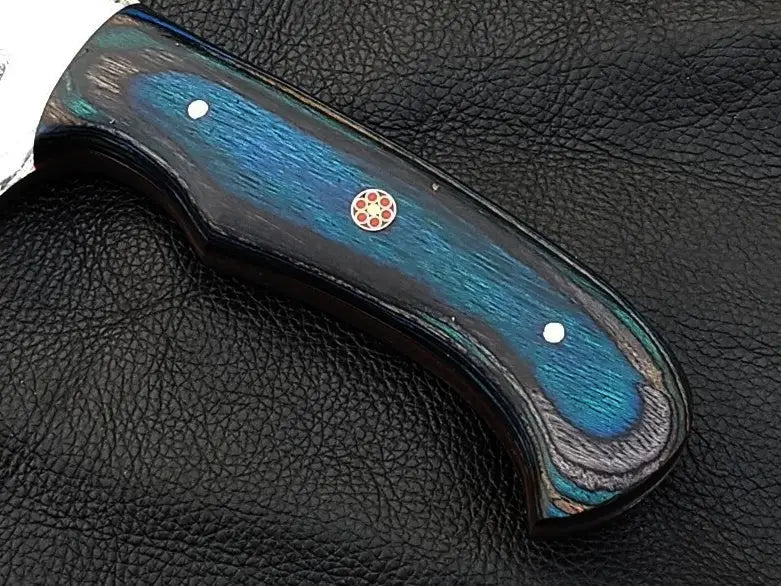 Knife handle with blue wood grain on Handmade Damascus Steel Bowie Knife SAB003