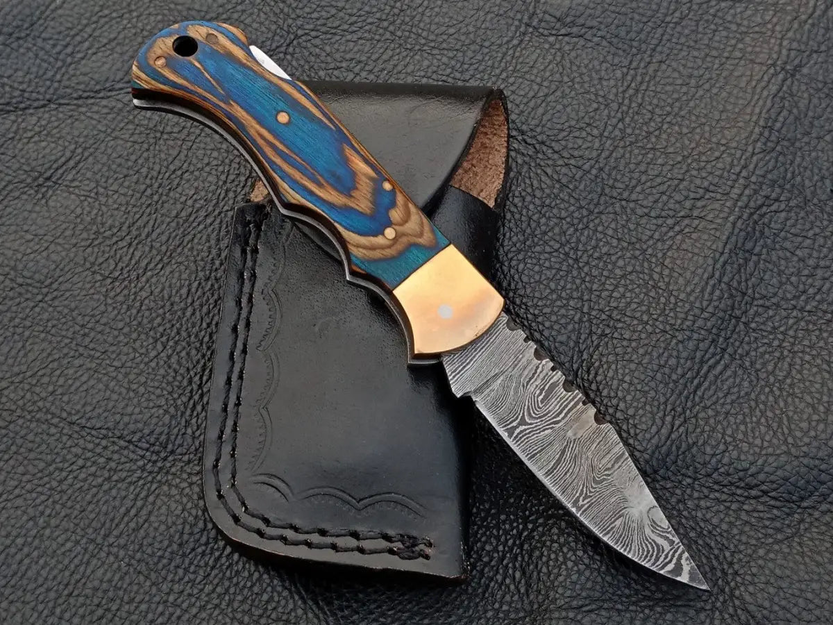 Handmade Damascus Steel Folding Knife with Blue Wood Handle - SAF002