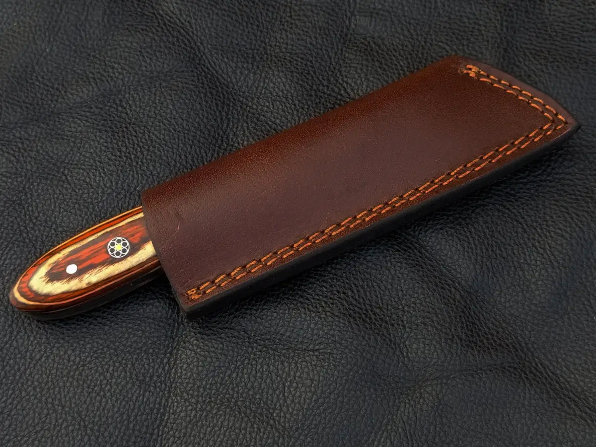 Knife in a brown leather sheath for the Orange and White Skinning Knife SAK001
