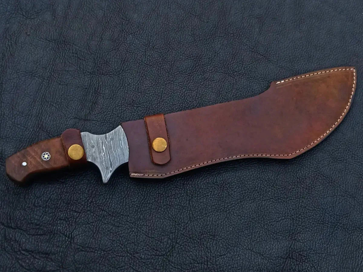 Brown leather sheathed Handmade Damascus Steel Bush Tracker Knife-C190 with a sharp blade