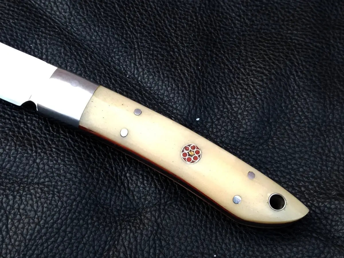 Damascus Steel Bird and Trout Knife Camel Bone with Red and White Handle