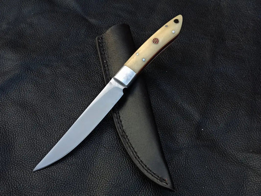 Damascus steel bird and trout knife with leather sheath, Camel Bone