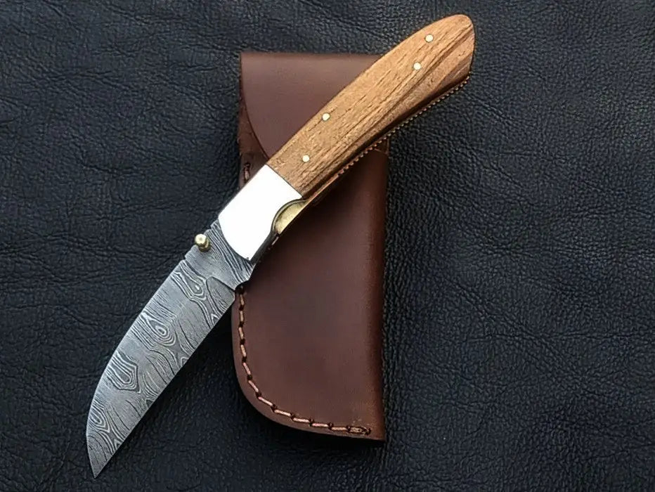 Handmade Damascus Steel Folding Knife C164 with wooden handle and intricate blade design