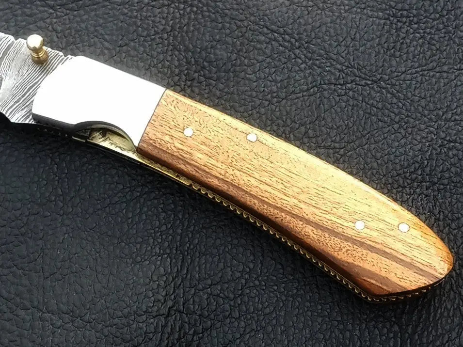 Handmade Damascus Steel Folding Knife with Wooden Handle C164 for outdoor enthusiasts