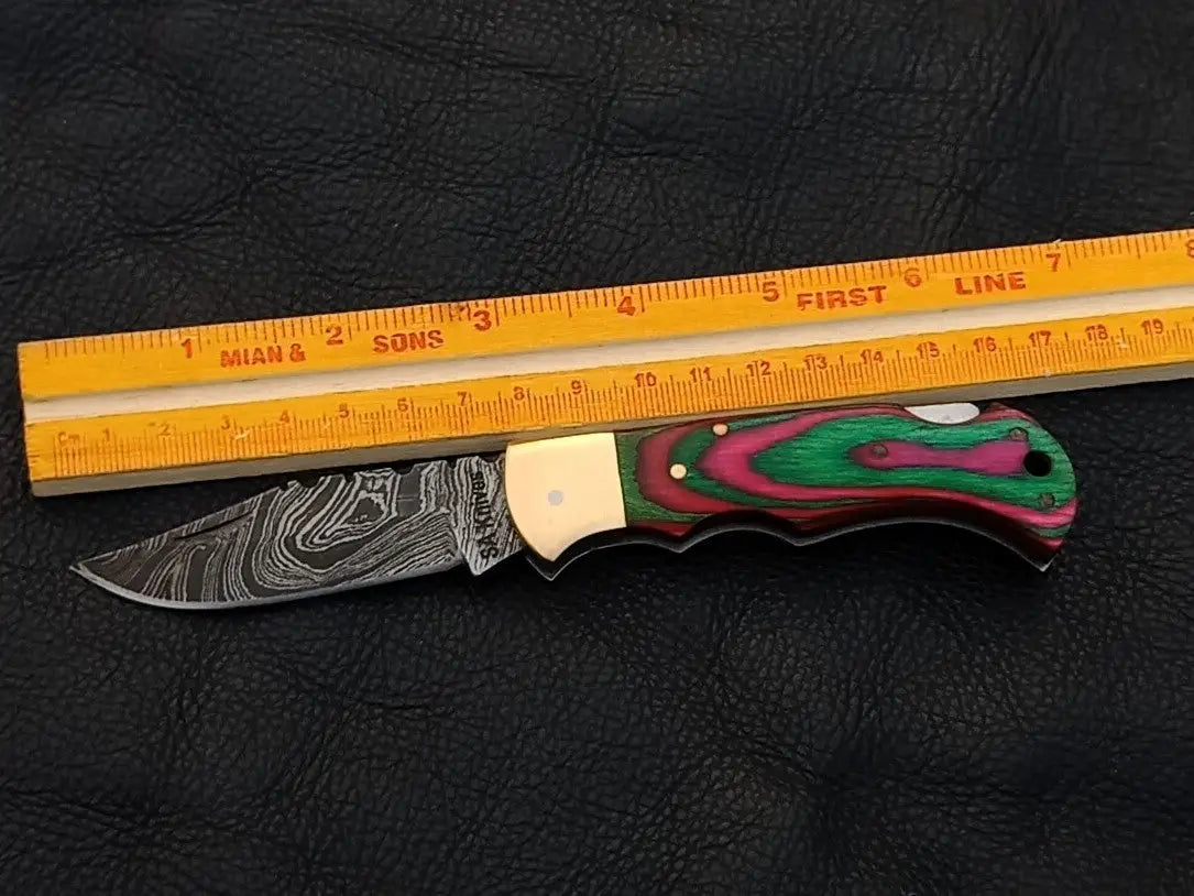 Handmade Damascus Steel Folding Knife with Colorful Wood Handle SAF003
