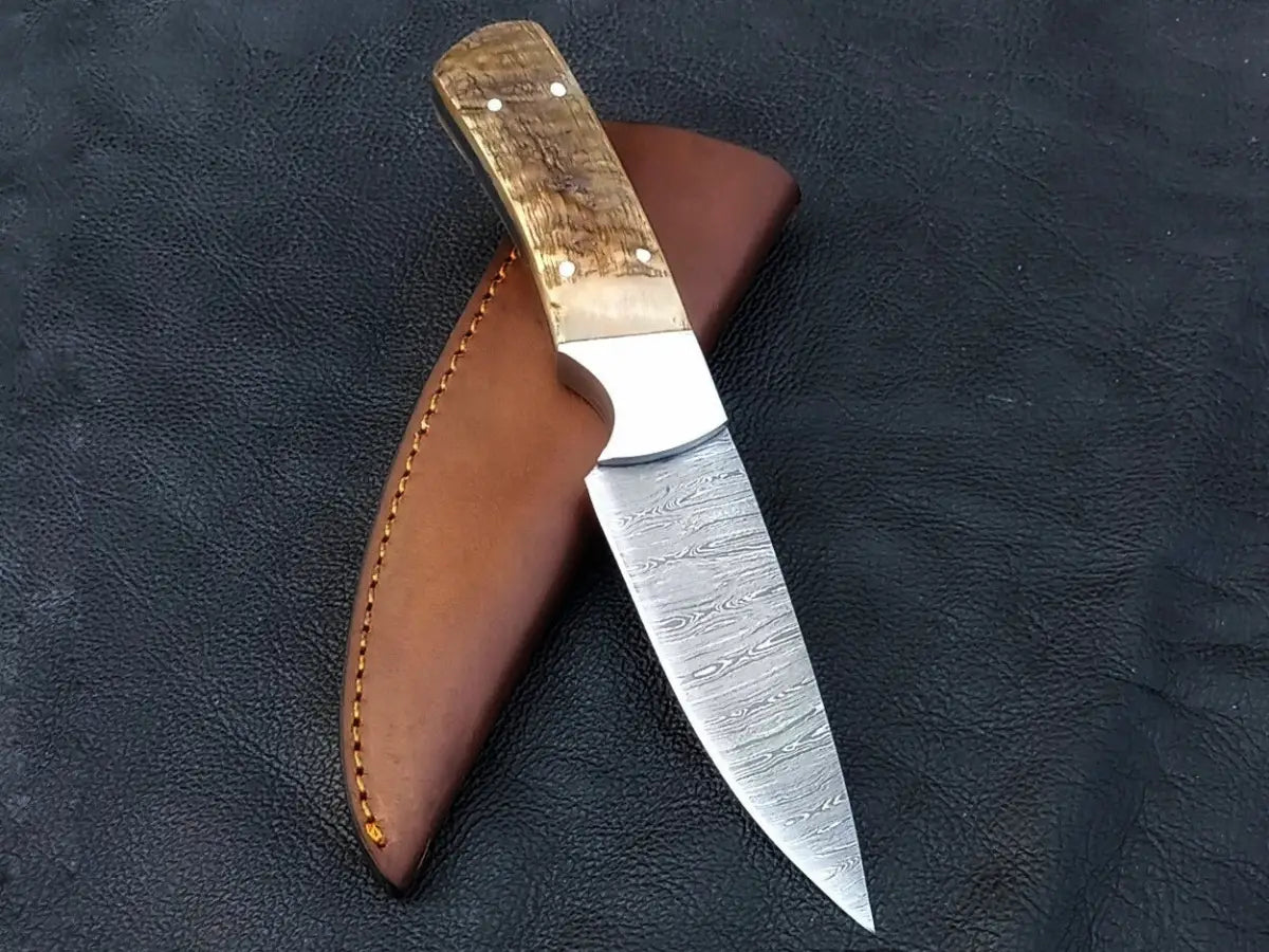 Handmade Damascus Hunting Knife with Leather Sheath