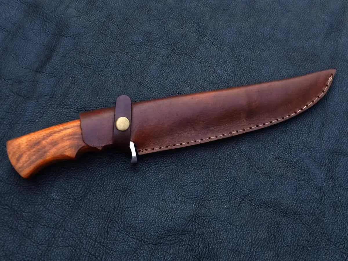 Handmade Damascus Steel Bowie C146 with a hunting knife in a leather sheath