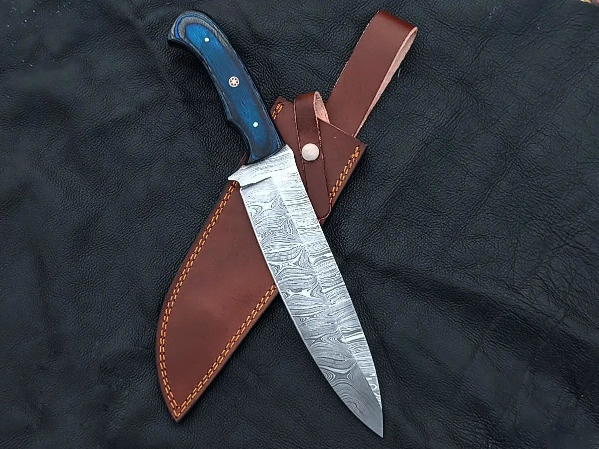 Handmade Damascus Steel Bowie Knife with Blue Handle and Leather Sheath SAB003