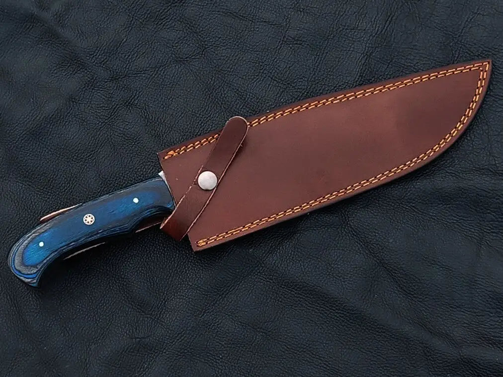 Handmade Damascus Steel Bowie Knife with blue handle in brown leather sheath