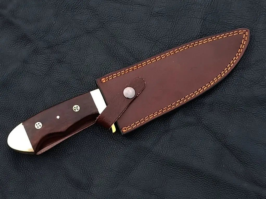 Handmade Damascus Steel Bowie Knife with brown handle and leather sheath