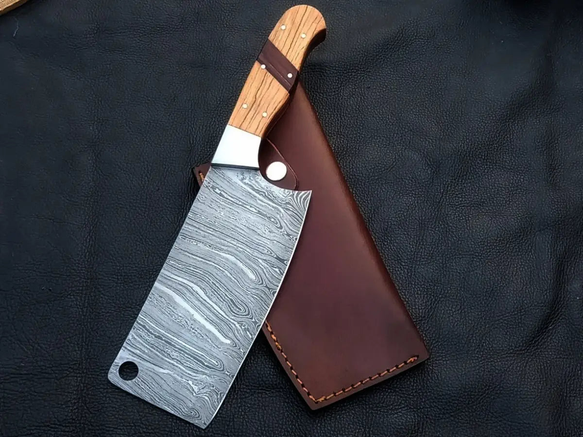 Handmade Damascus Steel Chef’s Cleaver-C124 with leather sheath and intricate patterns