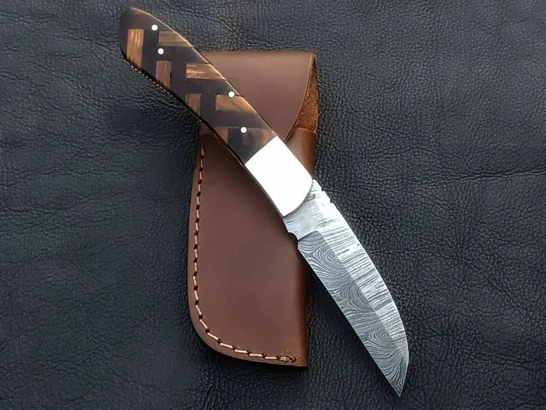 Handmade Damascus Steel Folding Knife with leather sheath, model C167