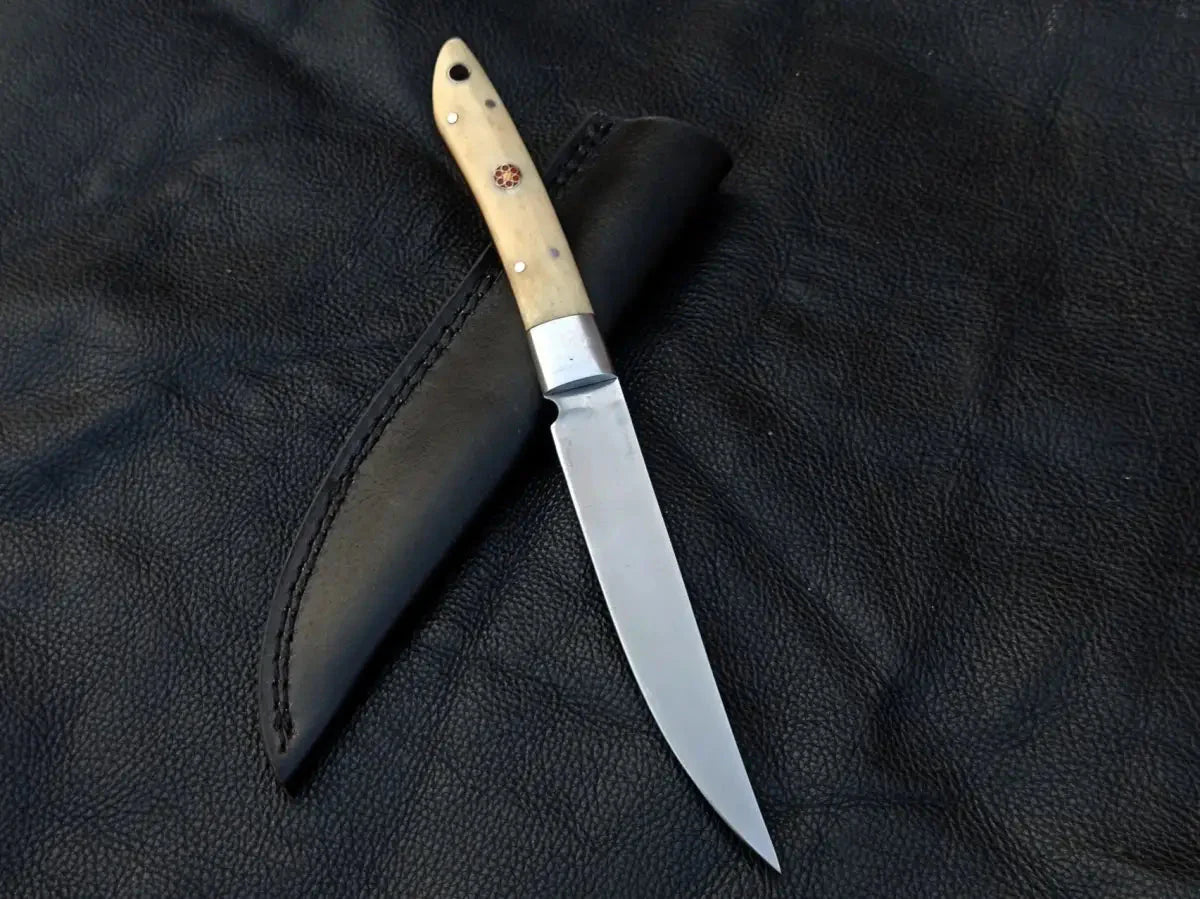Damascus Steel Bird and Trout Knife with Leather Sheath