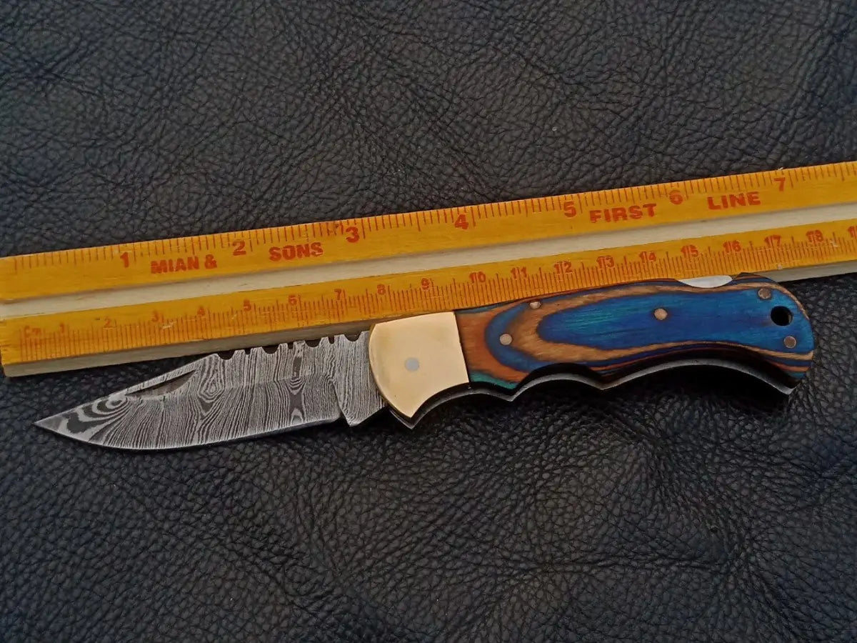 Handmade Damascus Steel Folding Knife with colorful wood handle - SAF002