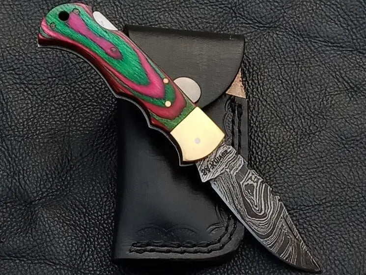 Handmade Damascus Steel Folding Knife SAF003 with colorful wood handle design