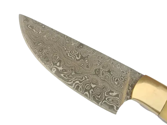 Damascus steel hunting knife with gold handle and pattern (B519)