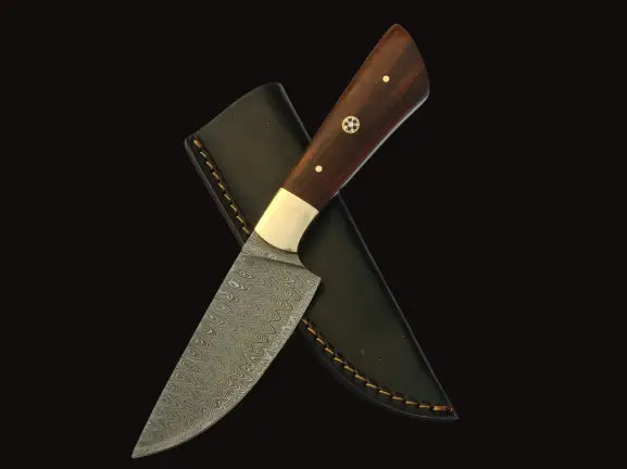 Handmade Damascus Steel Hunting Knife with Wooden Handle and Leather Sheath