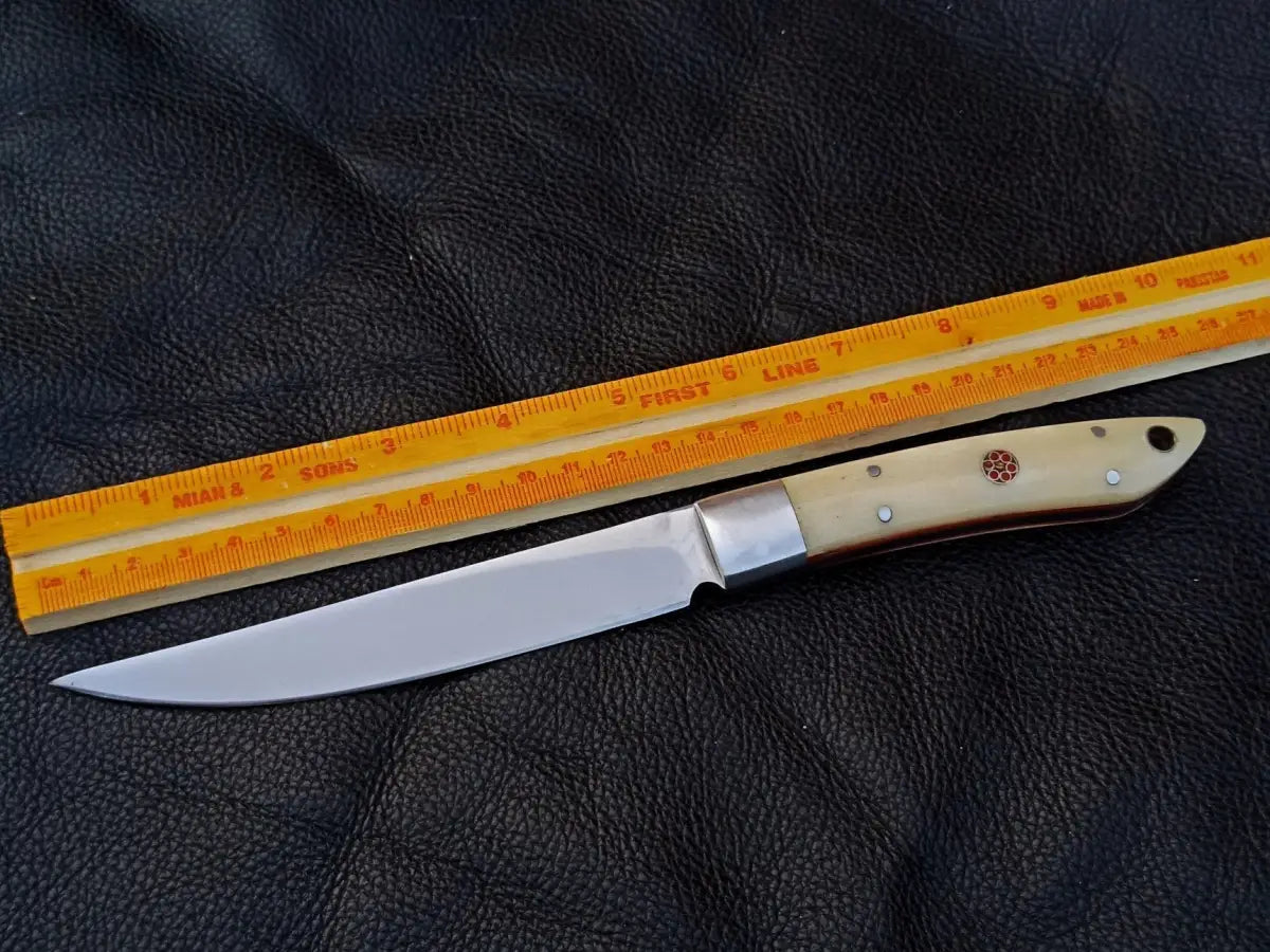Damascus Steel Bird and Trout Knife with Ruler Displayed