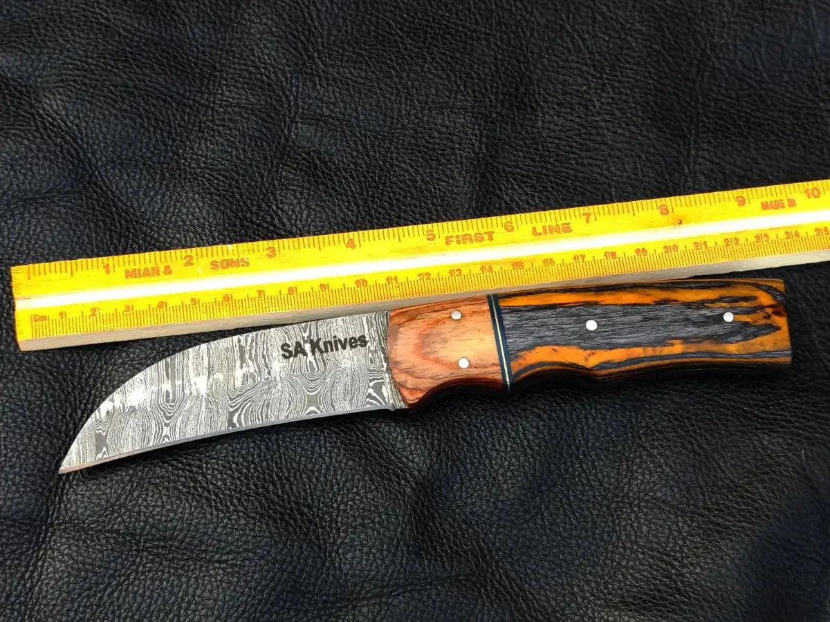 Damascus steel handle skinning knife with orange and grey handle SAK006