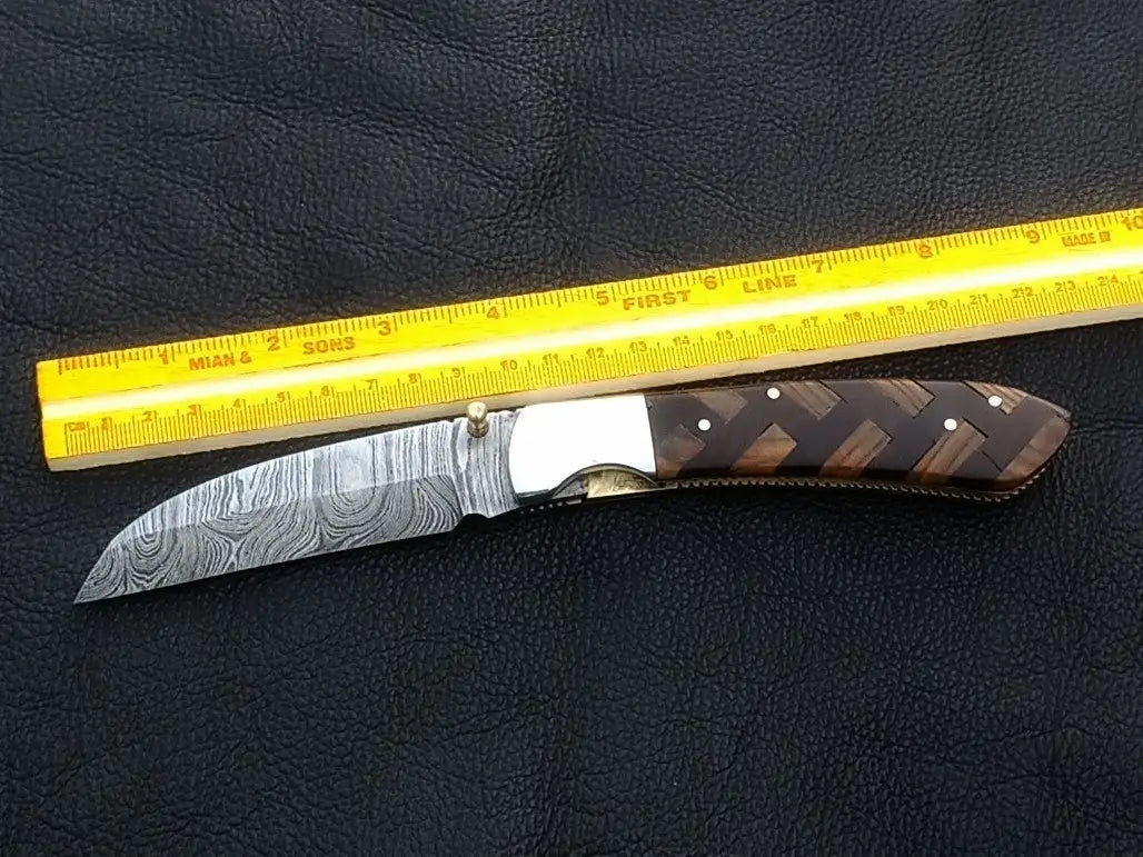 Handmade Damascus Steel Folding Knife C167 with patterned wood handle design