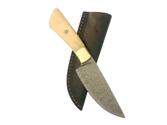 Damascus steel hunting knife with a wooden handle and blade - B519