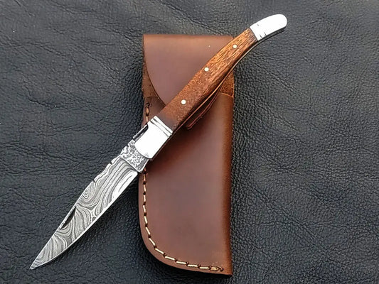 Handmade Damascus Steel Folding Knife with Leather Sheath - C163