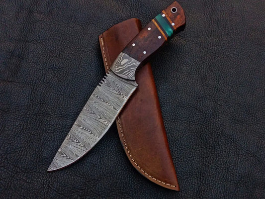 Handmade Damascus Steel Knife - C239 with wooden handle and leather sheath
