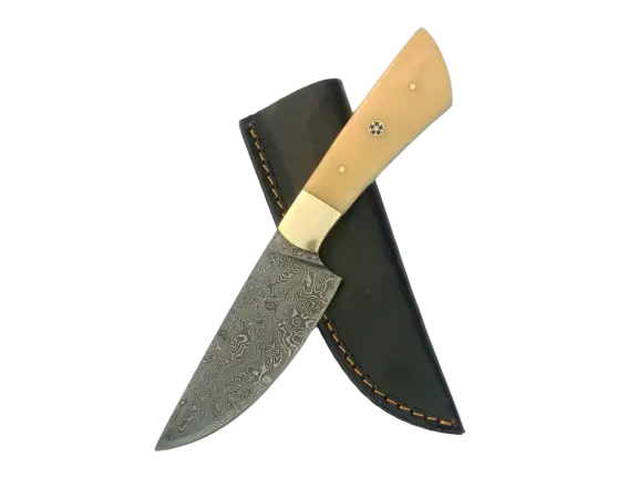 Damascus Steel Hunting Knife-B519 with Leather Sheath