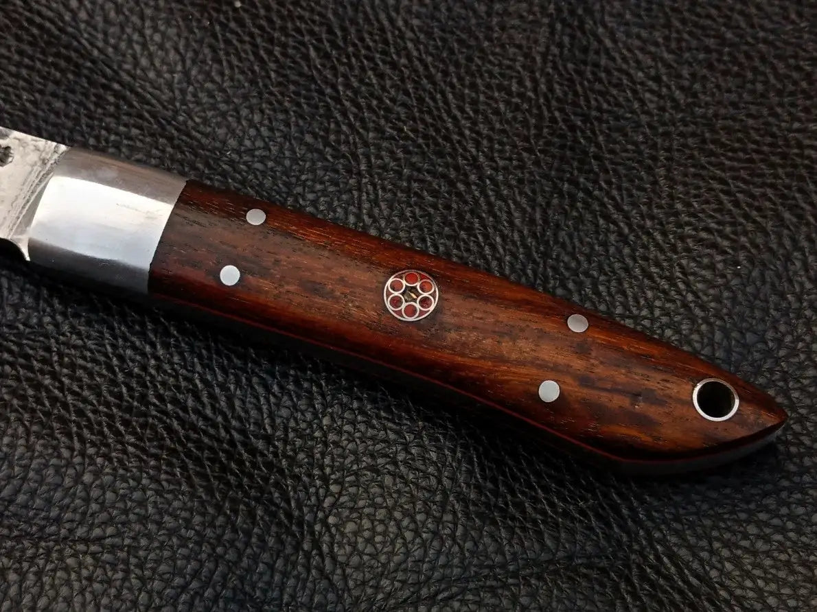 Damascus steel bird and trout knife with wooden handle and decorative inlays