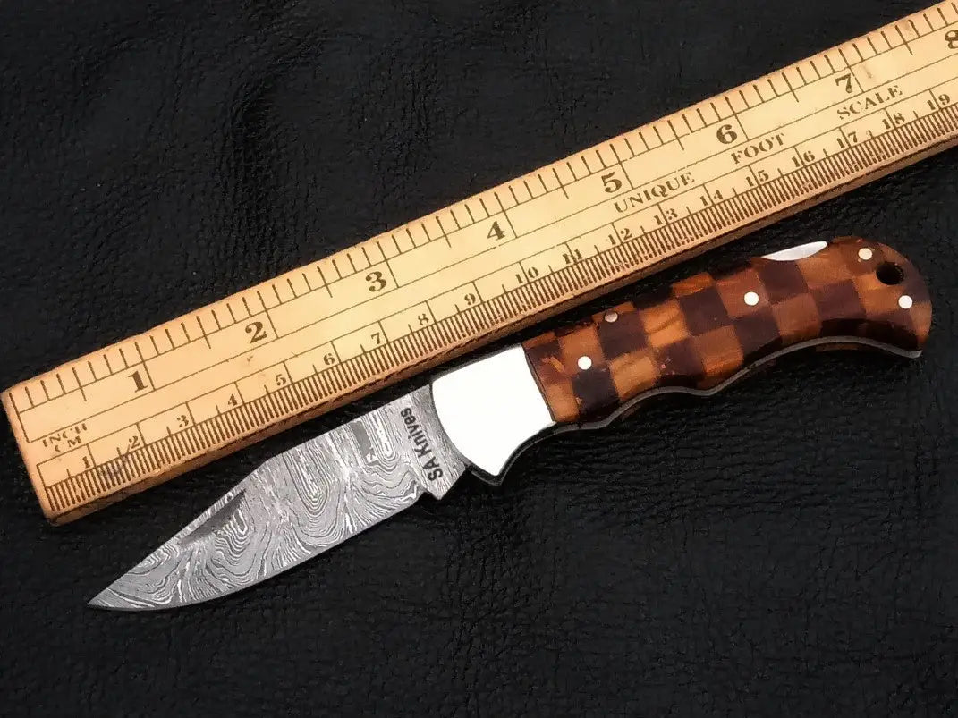 Handmade Damascus Steel Folding Knife-C86 with ruler on blade
