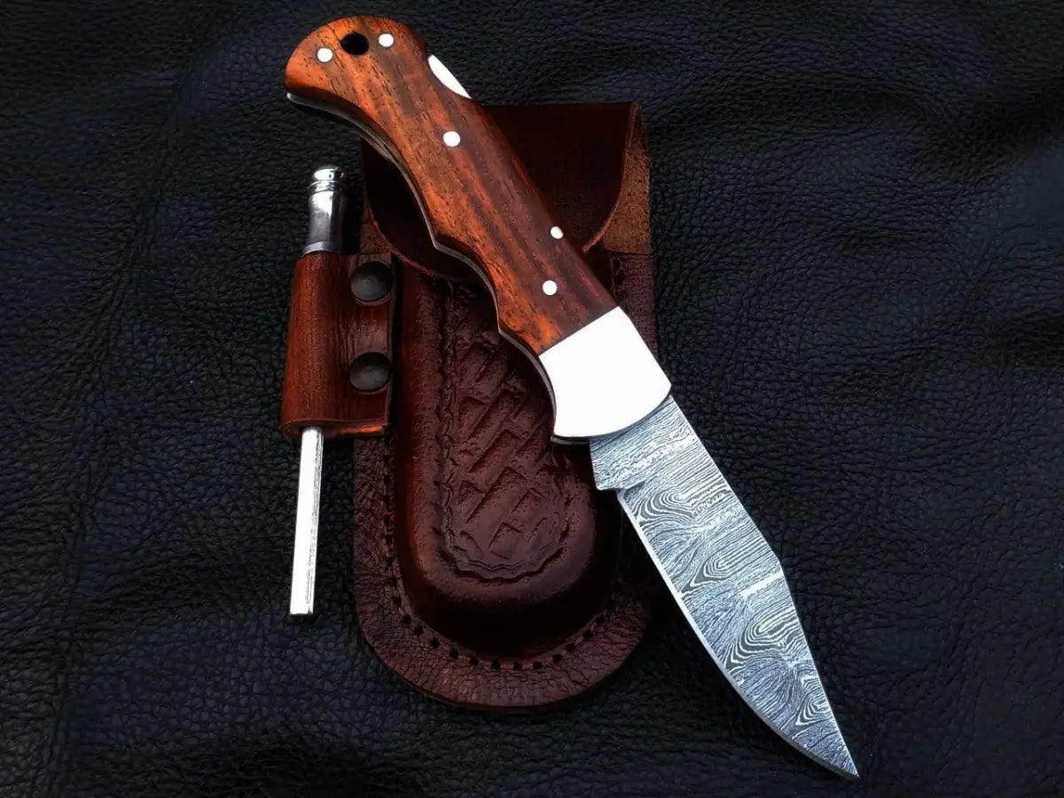 Damascus steel folding knife with sheath - Damascus Steel Folding Knife-C85