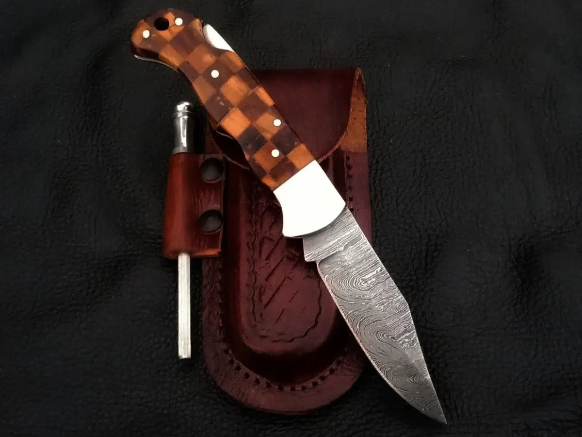 Handmade Damascus Steel Folding Knife with Sheath - C86