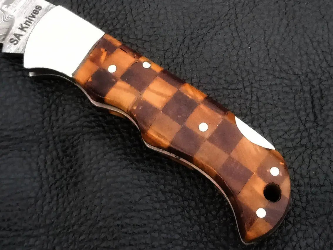 Handmade Damascus Steel Folding Knife with Checkered Pattern
