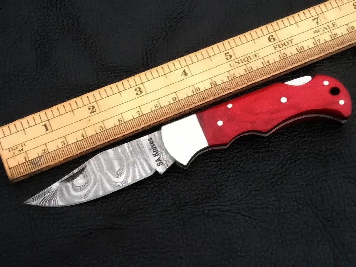 Damascus steel folding knife with ruler - C82