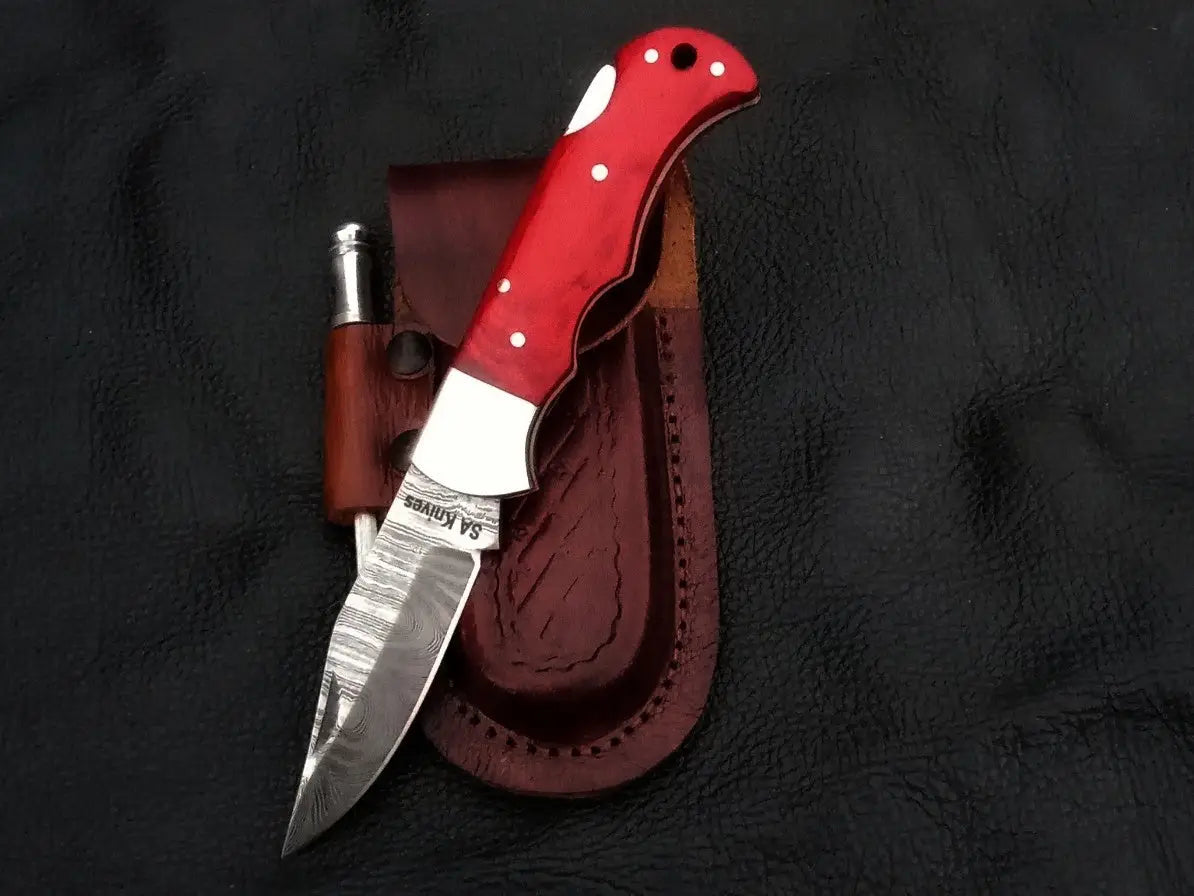 Damascus Steel Folding Knife-C82 with red sheath