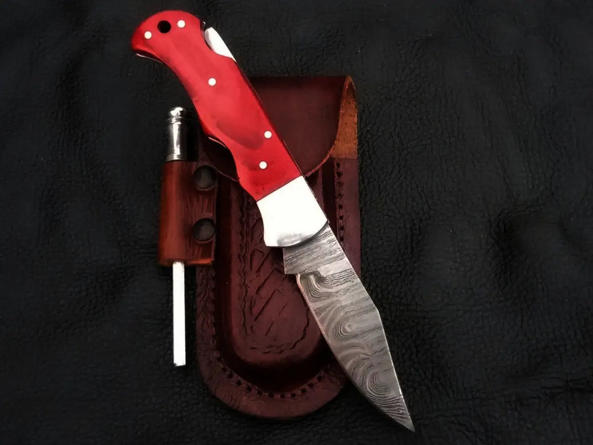 Damascus steel folding knife with sheath - Damascus Steel Folding Knife-C82