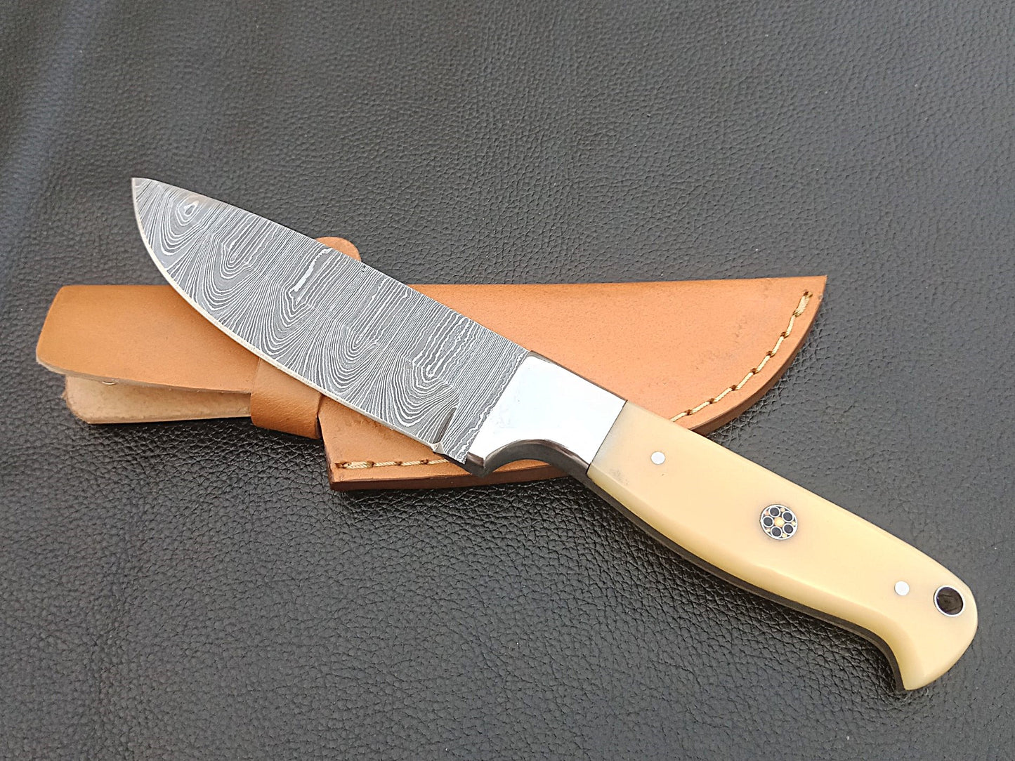 SA-1222 DAMASCUS STEEL SKINING KNIFE-STAINLESS STEEL BOLSTERS