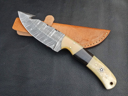 SA-1228 DAMASCUS STEEL SKINING KNIFE- CAMEL BONE BOLSTERS